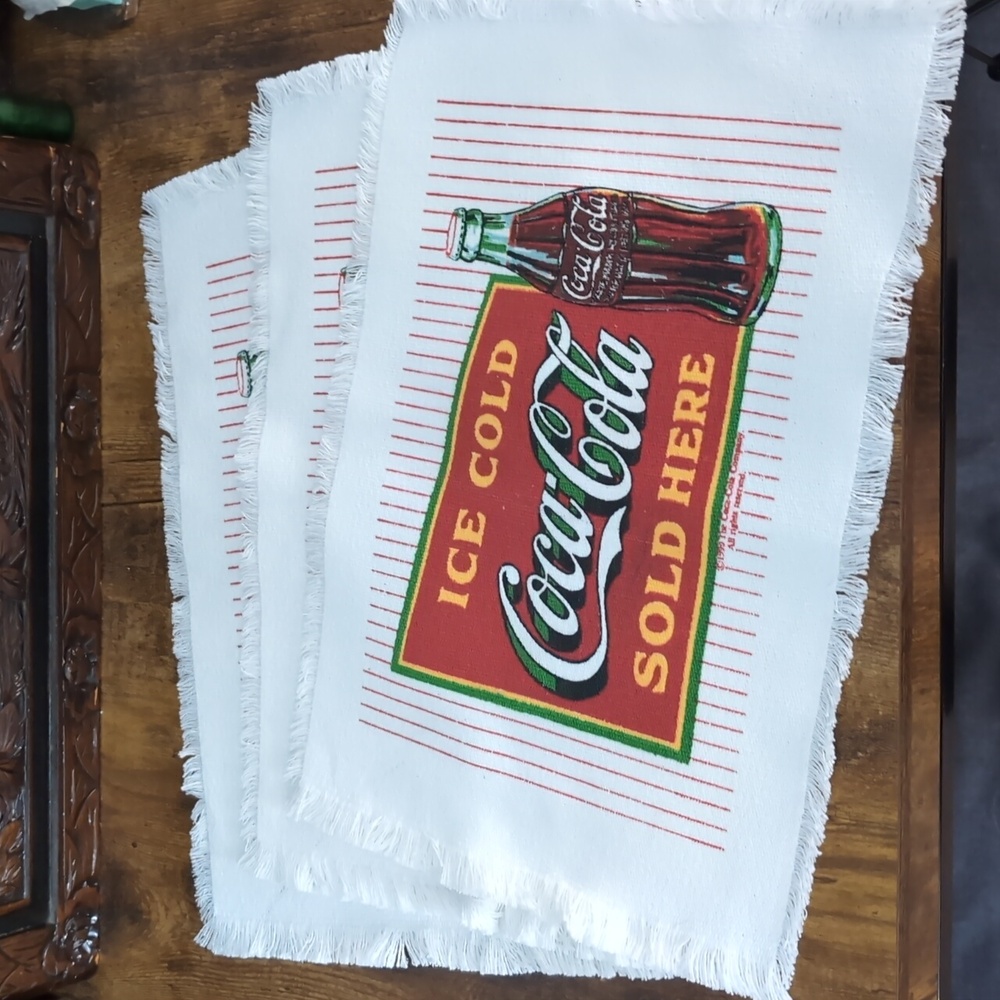 Set Of 3 Coca-Cola Ice Cold Cotton Fringed Ends Placemats Vintage New 1990